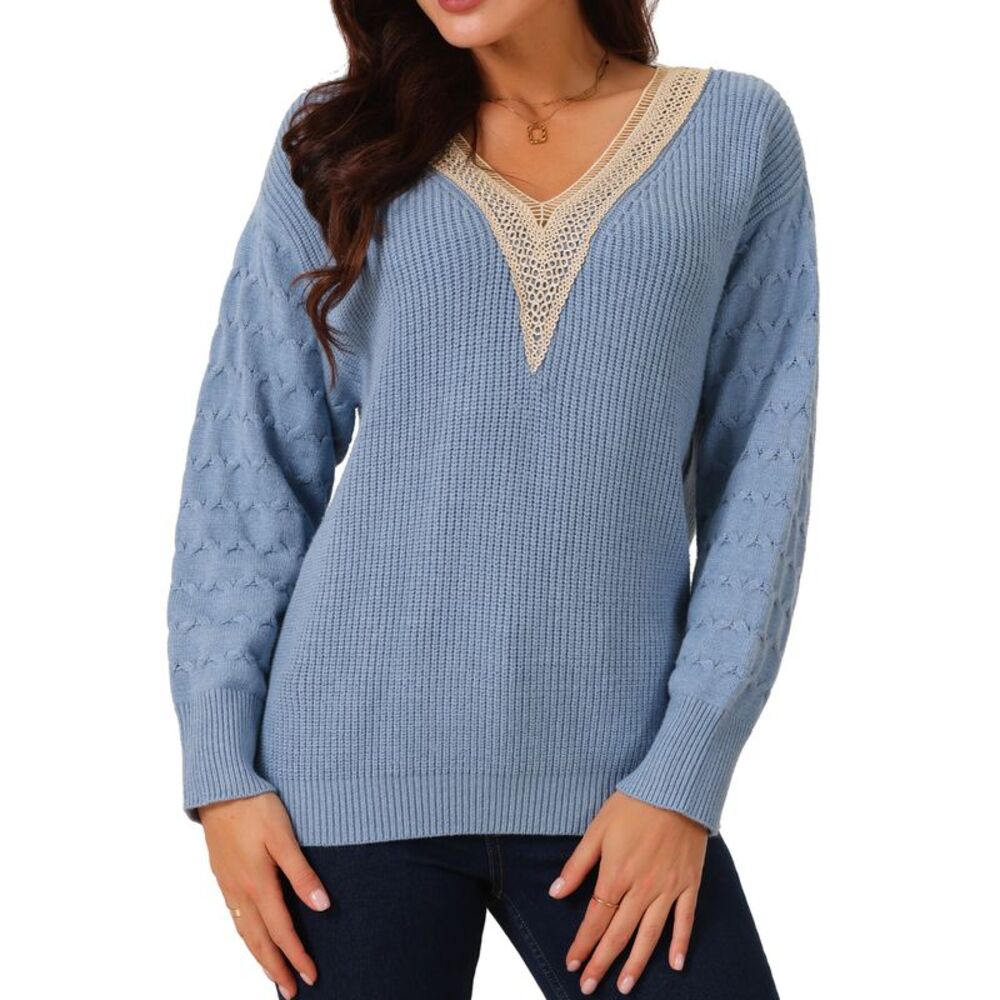 Long Sleeve Lace V Neck Knit Winter Drop Shoulder Pullover Sweater Tops Blue